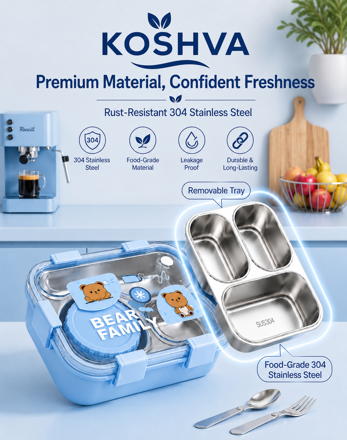 Bear Family Stainless Steel Bento Lunch Box – Pink | 3 Compartment
