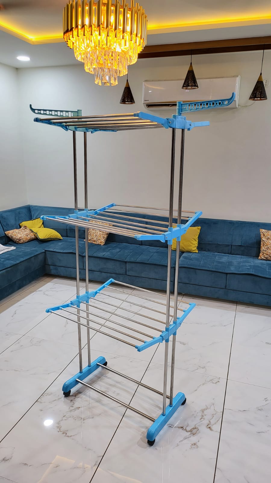 3 Tier Premium Heavy Duty Stainless Steel Foldable Cloth Drying Stand (Cyan Blue)