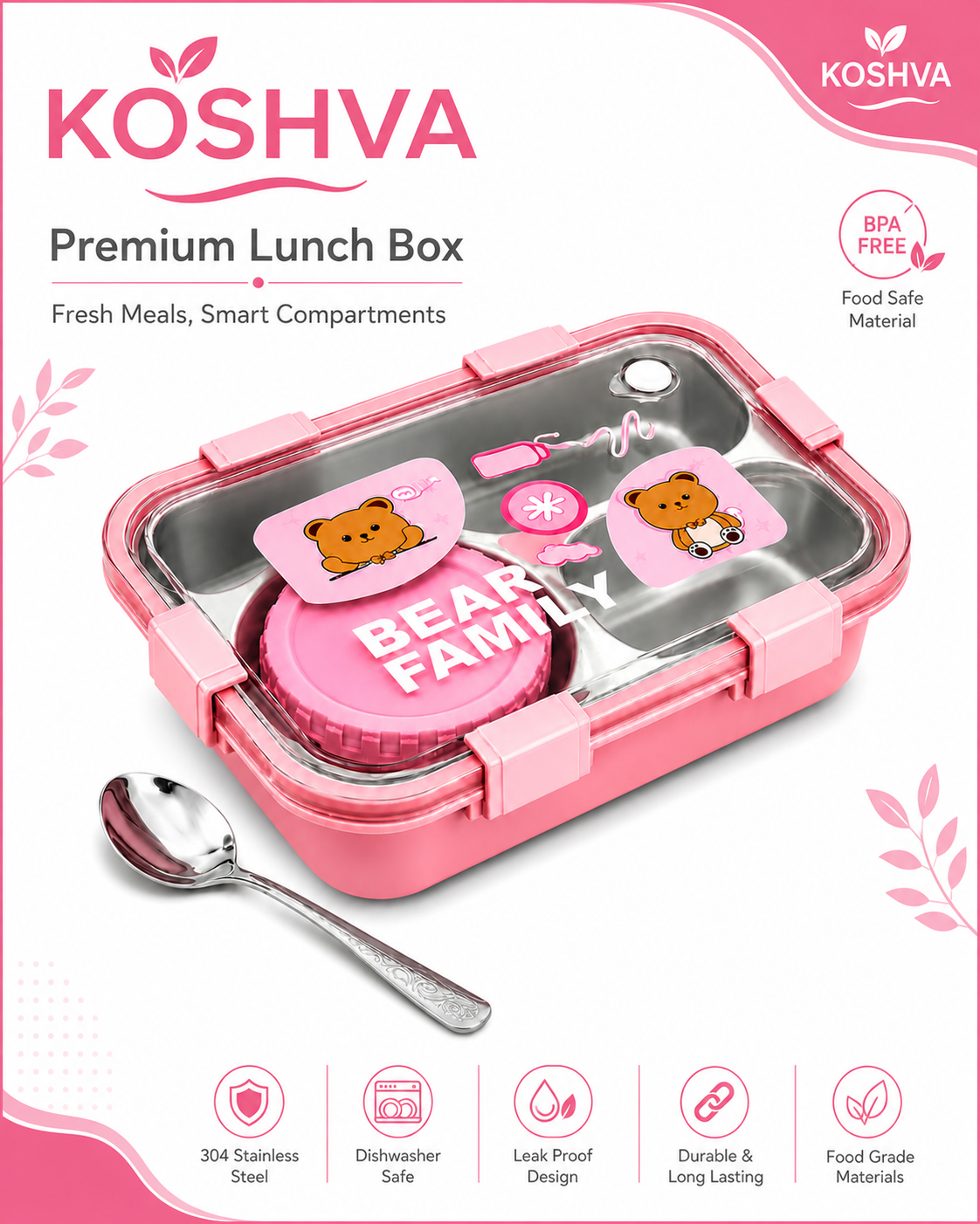 Bear Family Stainless Steel Bento Lunch Box – Pink | 3 Compartment
