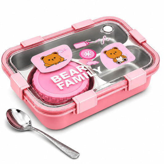 Bear Family Stainless Steel Bento Lunch Box – Pink | 3 Compartment