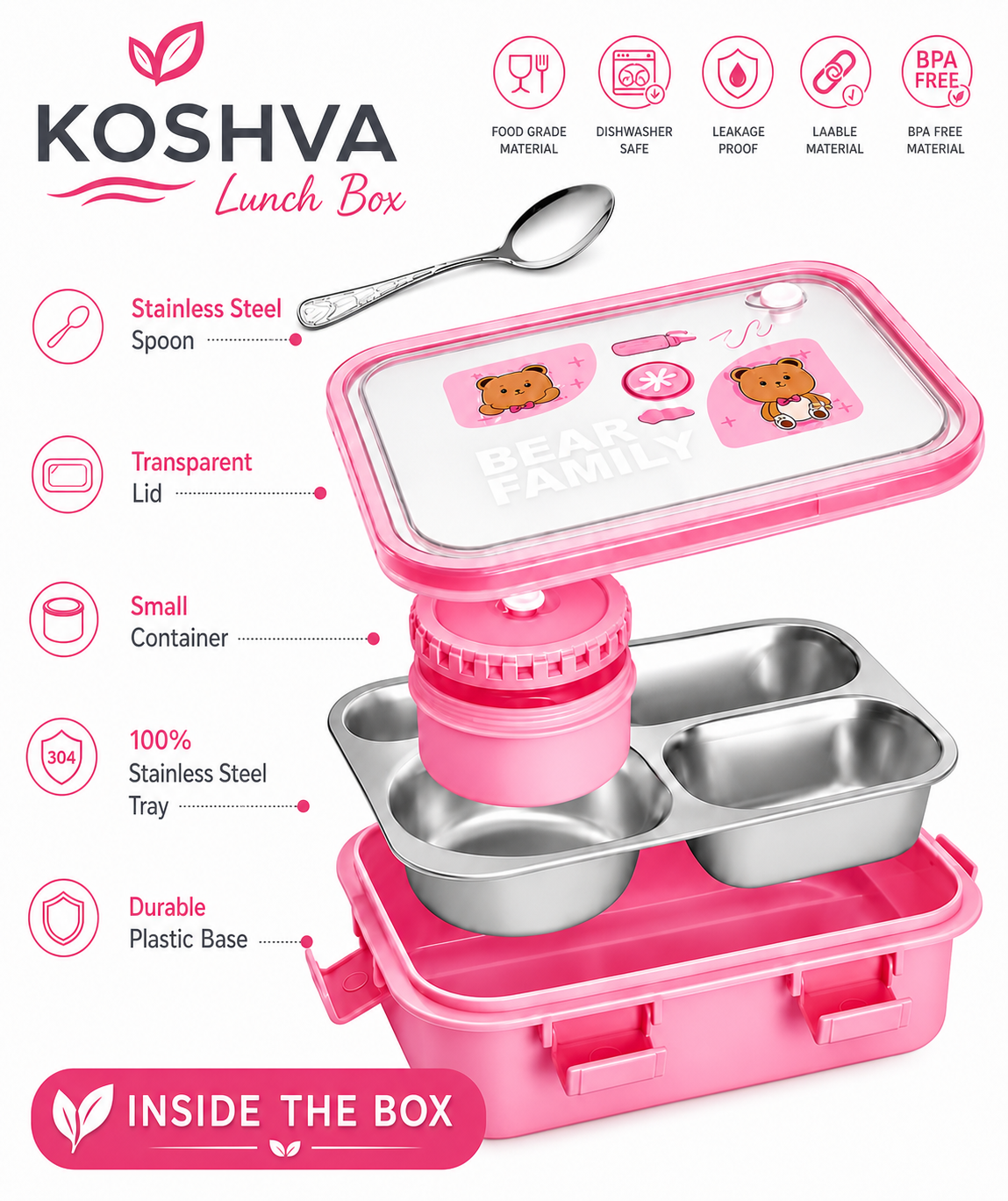 Bear Family Stainless Steel Bento Lunch Box – Pink | 3 Compartment