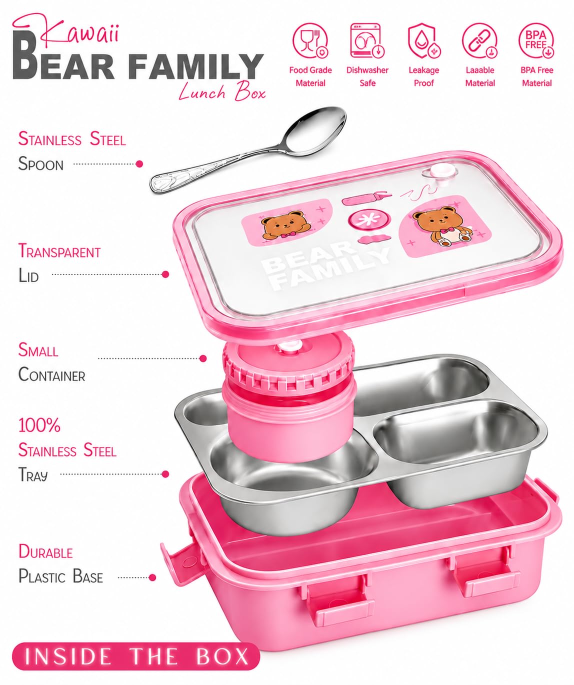 Bear Family Stainless Steel Bento Lunch Box – Pink | 3 Compartment