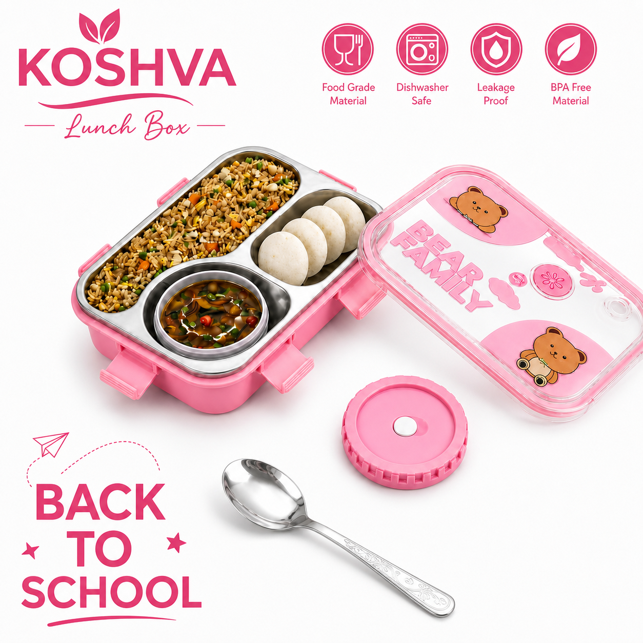 Bear Family Stainless Steel Bento Lunch Box – Pink | 3 Compartment