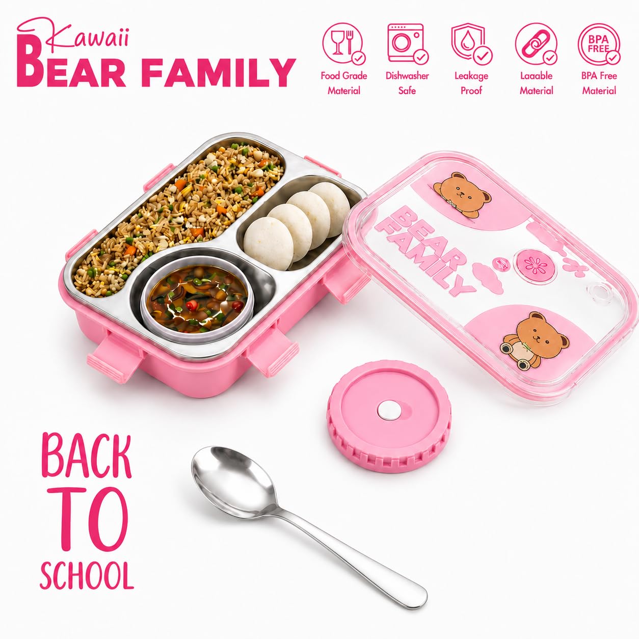Bear Family Stainless Steel Bento Lunch Box – Pink | 3 Compartment