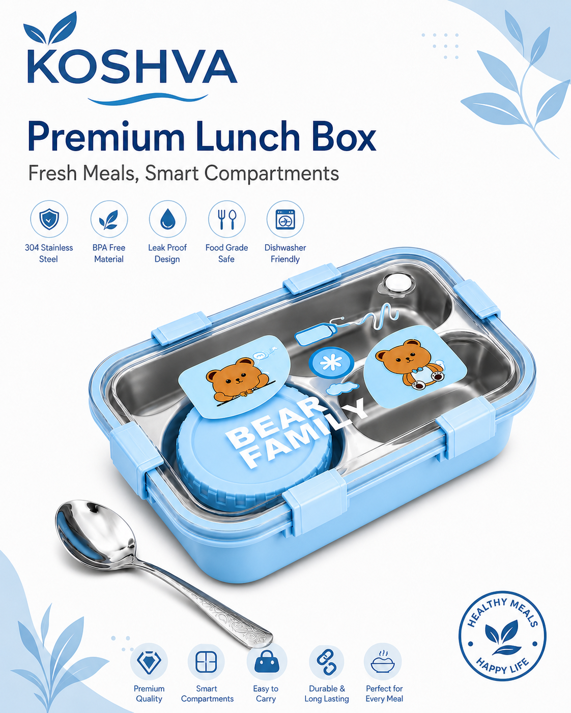 Bear Family Stainless Steel Bento Lunch Box – Pink | 3 Compartment