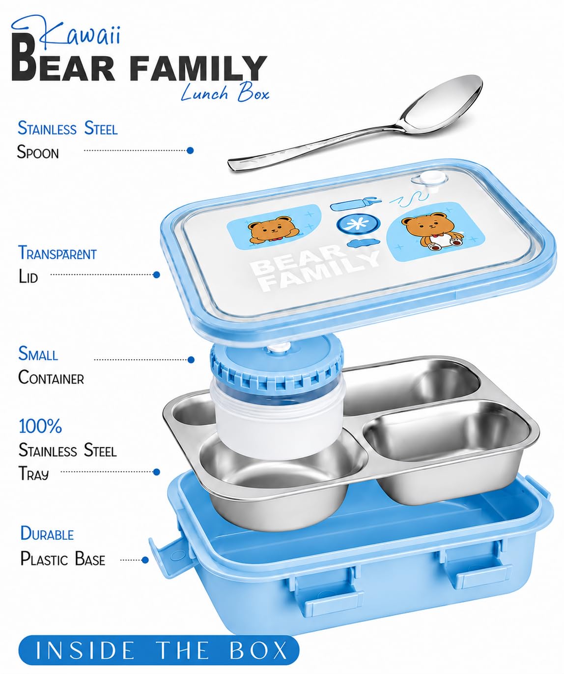 Bear Family Stainless Steel Bento Lunch Box – Pink | 3 Compartment