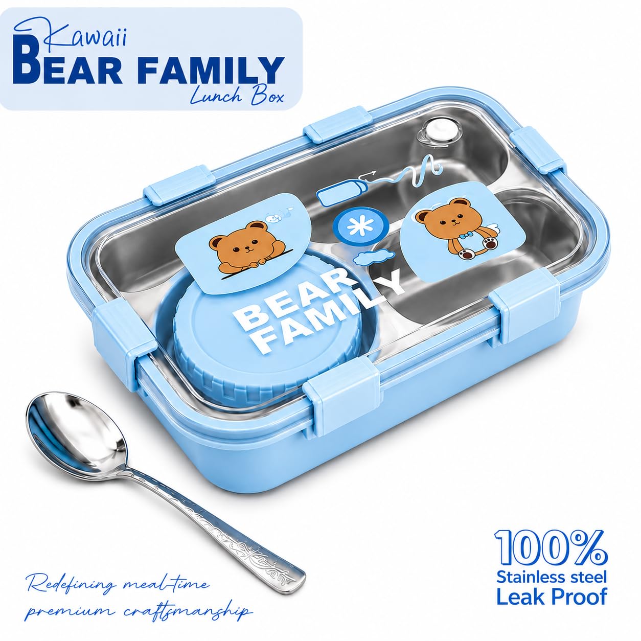 Bear Family Stainless Steel Bento Lunch Box – Pink | 3 Compartment