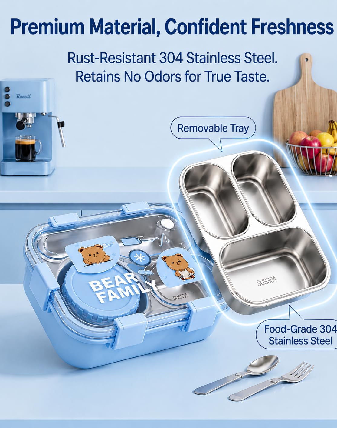 Bear Family Stainless Steel Bento Lunch Box – Pink | 3 Compartment